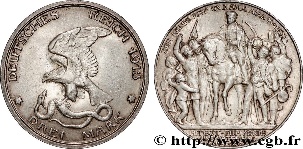 GERMANY - PRUSSIA 3 Mark 100e anniversaire défaite de Napoléon 1913 Berlin AU 