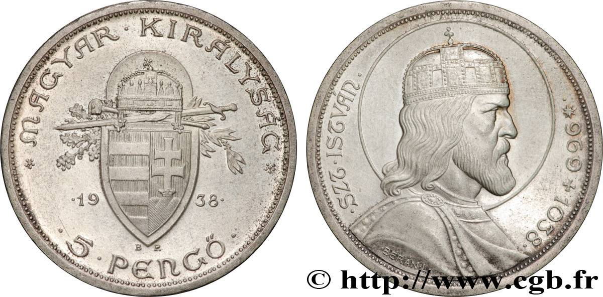 UNGHERIA 5 Pengo 900e anniversaire de la mort de St Stephan 1938 Budapest SPL 