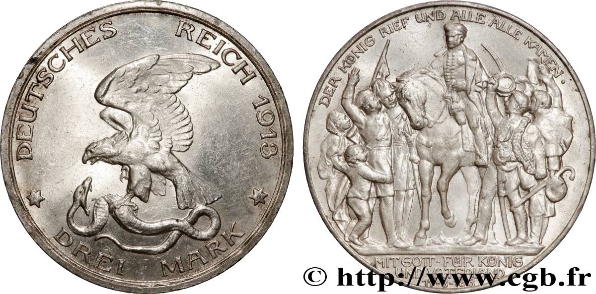 ALLEMAGNE - PRUSSE 3 Mark 100e anniversaire défaite de Napoléon 1913 Berlin SUP 