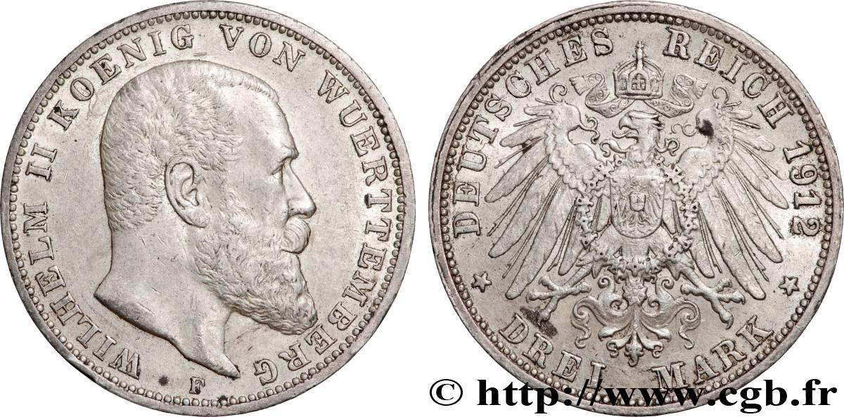 ALLEMAGNE - WURTEMBERG 3 Mark Guillaume II 1912 Stuttgart TTB+ 