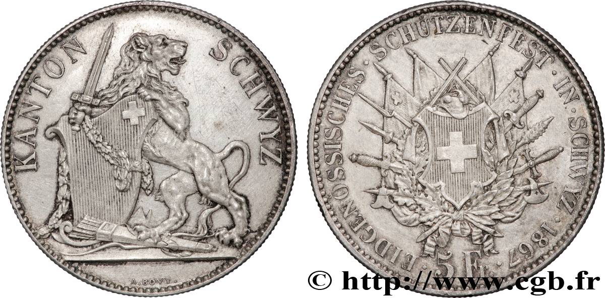 SUISSE - CONFÉDÉRATION HELVÉTIQUE - CANTON DE SCHWYTZ 5 Franken 1867  AU 