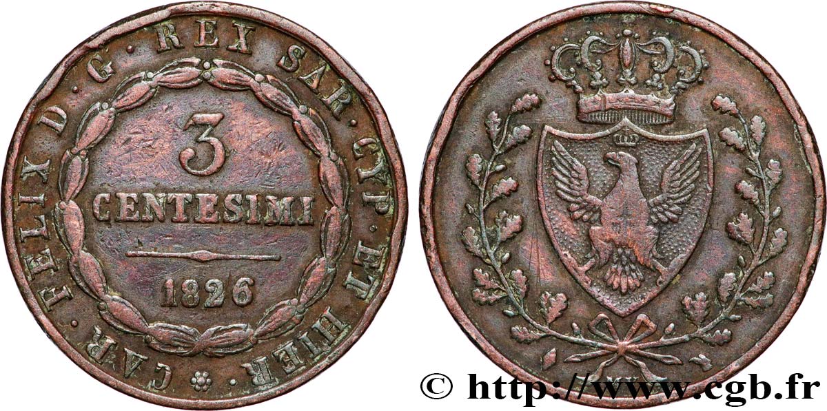 ITALIE - ROYAUME DE SARDAIGNE 3 Centesimi type au “L” 1826 Turin B+ 