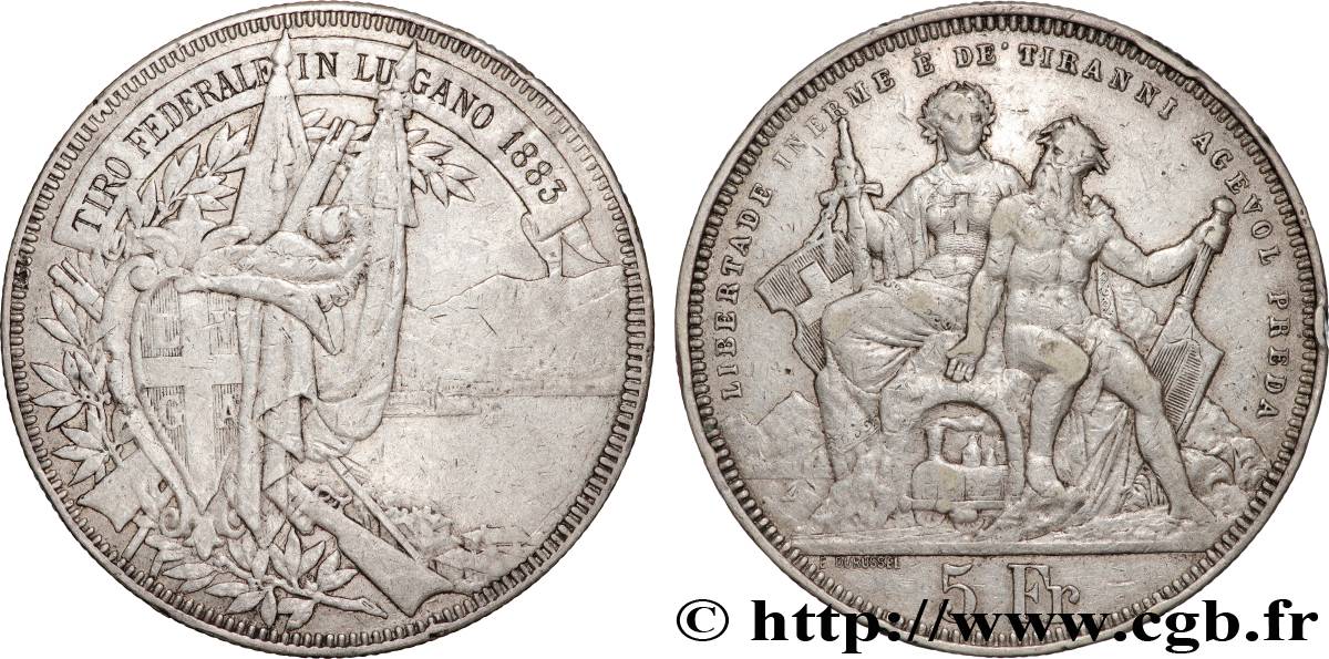 SUISSE 5 Francs, concours de Tir de Lugano 1883  TTB 