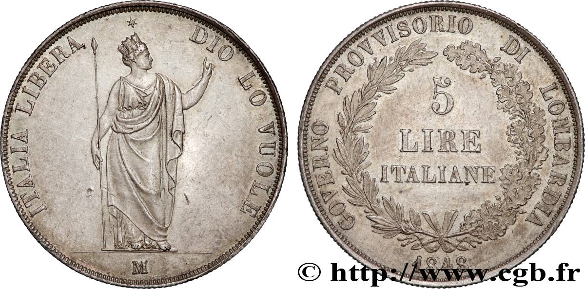 LOMBARDIE - GOUVERNEMENT PROVISOIRE 5 Lire 1848 Milan EBC 