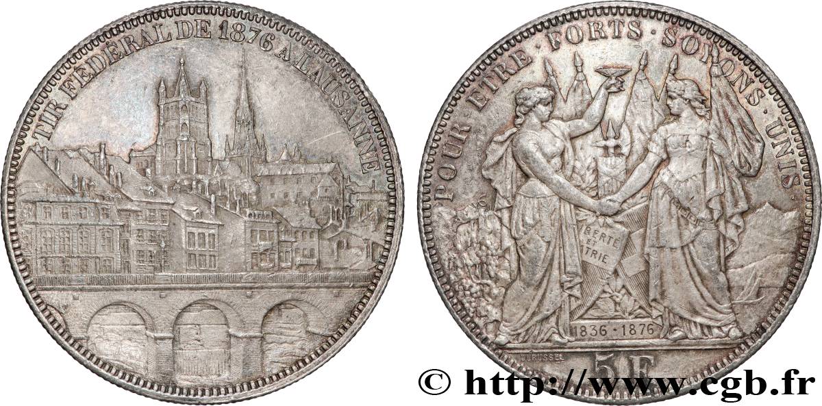SUISSE 5 Francs, monnaie de Tir, Lausanne 1876  TTB+ 