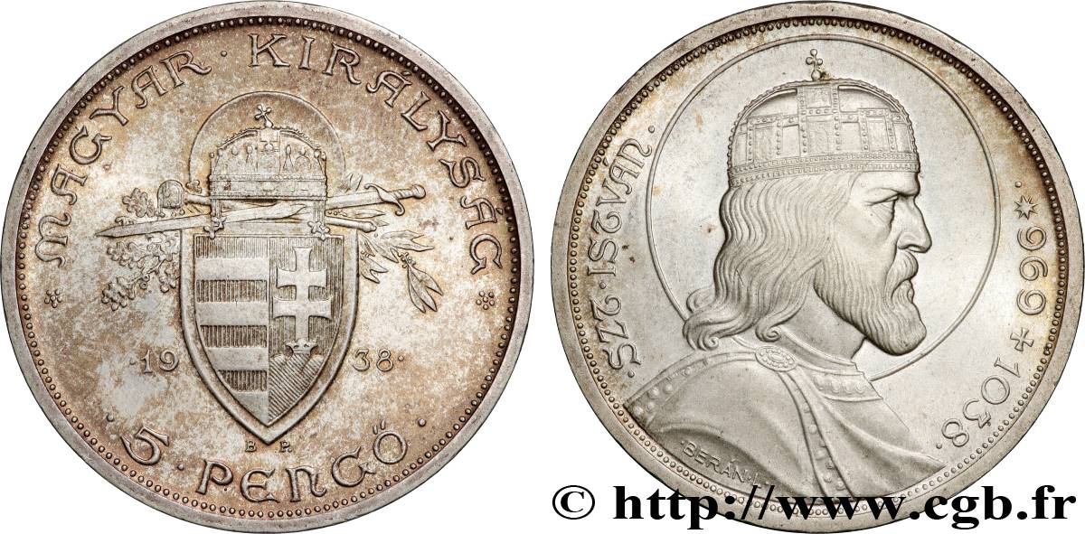 HUNGARY 5 Pengo 900e anniversaire de la mort de St Stephan 1938 Budapest AU 