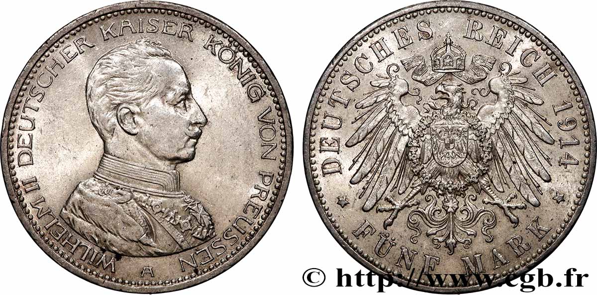 GERMANY - PRUSSIA 5 Mark Guillaume II 1914 Berlin AU 