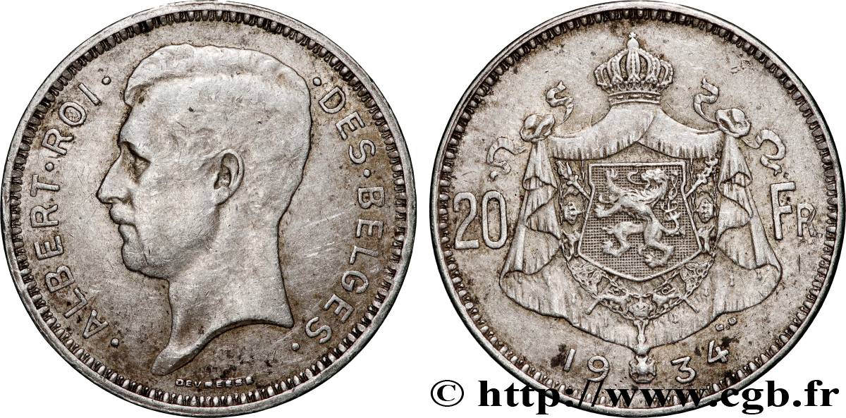 BÉLGICA 20 Francs Albert Ier légende Française position A 1934 Bruxelles MBC 