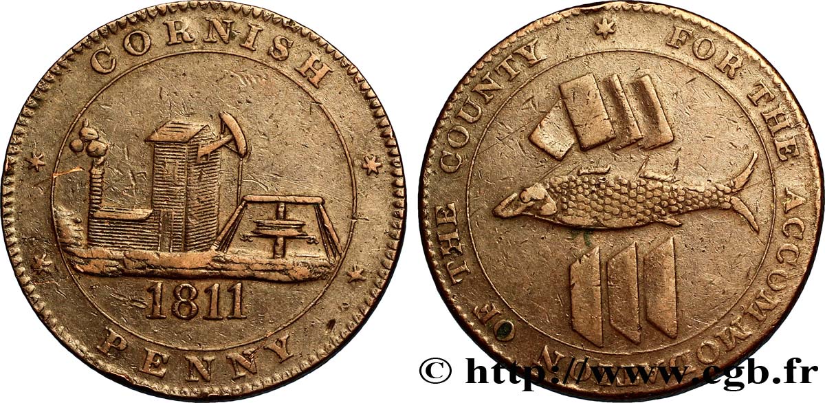 REINO UNIDO (TOKENS) 1 Penny “Cornish Penny” Scorrier House (Redruth), pompe, poisson et lingots d’étain, mine 1811  MBC 