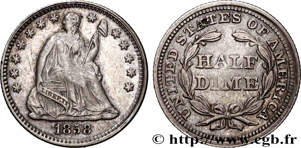 ÉTATS-UNIS D&nbsp;AMÉRIQUE 1/2 Dime (5 Cents) Liberté assise 1858 Philadelphie TTB 