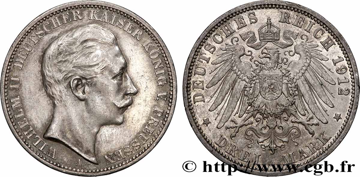 ALLEMAGNE - PRUSSE 3 Mark Guillaume II  1912 Berlin TTB+ 