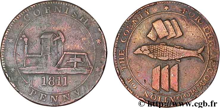 BRITISH TOKENS OR JETTONS 1 Penny “Cornish Penny” Scorrier House (Redruth), pompe, poisson et lingots d’étain, mine 1811  VF 