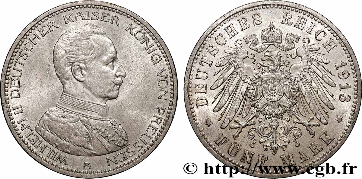 ALLEMAGNE - ROYAUME DE PRUSSE - GUILLAUME II 5 Mark  1913 Berlin SUP 