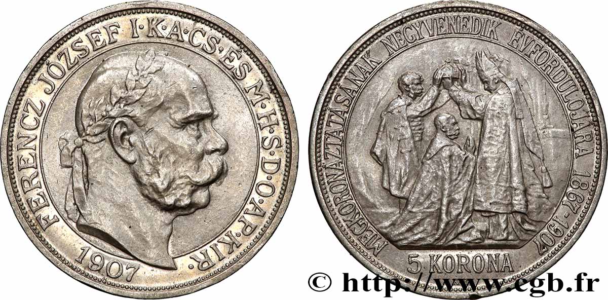 HUNGARY 5 Korona 40e anniversaire du couronnement de FRançois-Joseph à Budapest 1907 Kremnitz AU 