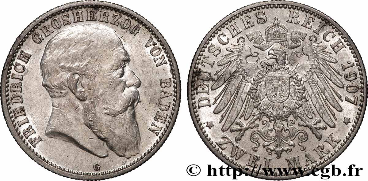 GERMANY - BADEN 2 Mark Frédéric Ier de Bade 1907 Karlsruhe AU/AU 