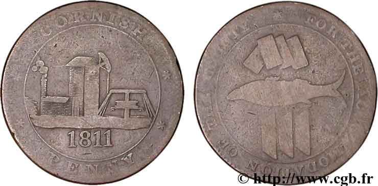 BRITISH TOKENS OR JETTONS 1 Penny “Cornish Penny” Scorrier House (Redruth), pompe, poisson et lingots d’étain 1811  VG 