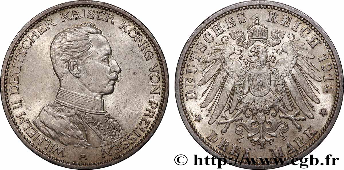 GERMANY - PRUSSIA 3 Mark Guillaume II 1914 Berlin AU 