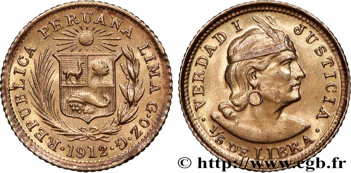 PÉROU 1/5 Libra 1912 Lima SUP 
