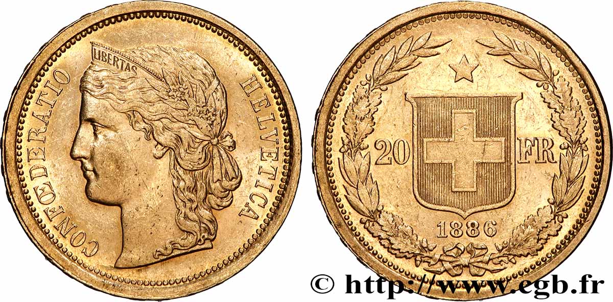 SUISSE 20 Francs Helvetia 1886 Berne SUP 