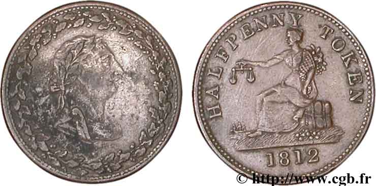 GETTONI BRITANICI 1/2 Penny buste de Georges III lauré / allégorie du commerce, diamètre 27 mm 1812  q.BB 