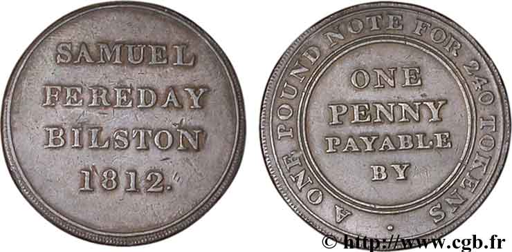 BRITISH TOKENS 1 Penny Bilston (Staffordshire) Samuel Fereday 1812  XF 