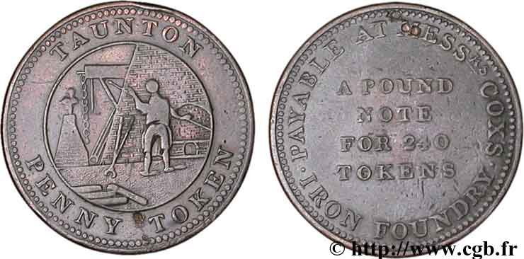 REINO UNIDO (TOKENS) 1 Penny Tauton (Sommerset) fonderie Cox 1812  MBC 