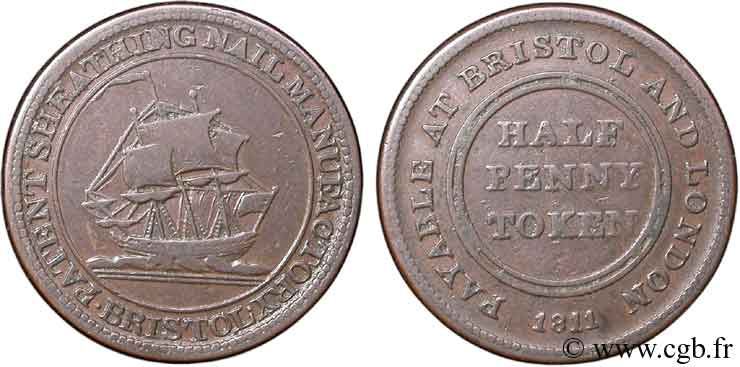 BRITISH TOKENS OR JETTONS 1/2 Penny Bristol (Somerset) Sheathing Nail Manufactury (fabrique de clous) voilier 1811  VF 