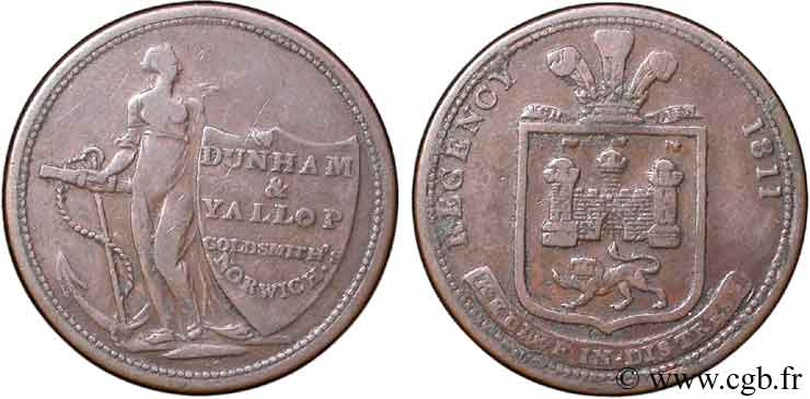 BRITISH TOKENS 1/2 Penny Norwich (Norfolk) Durnham and Yallop Goldsmith (orfèvres) figure de l’espoir, armes de Norwich surmonté des plumes du prince de Galles (régent) 1811  VF 