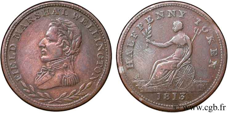 REINO UNIDO (TOKENS) 1/2 Penny buste de Wellington / Britannia 1813  BC+ 