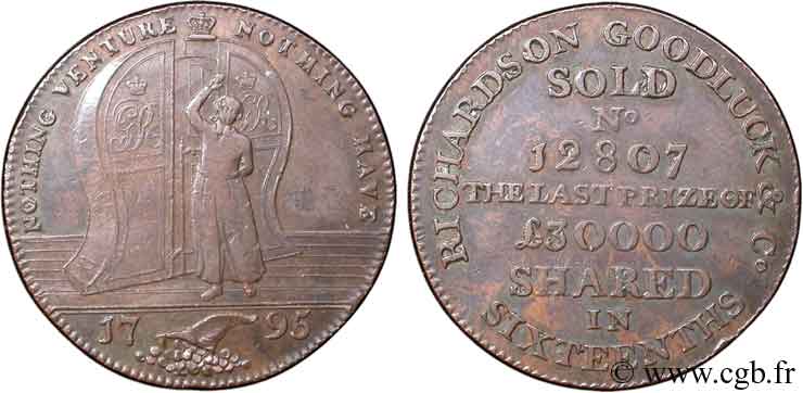 REINO UNIDO (TOKENS) 1/2 Penny Richardson (Middlesex) homme devant une roue de loterie 1795  MBC 