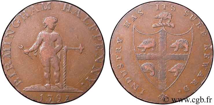 BRITISH TOKENS 1/2 Penny Birmingham (Warwickshire) garçon / armes de la ville, payable à Londres 1793  VF 
