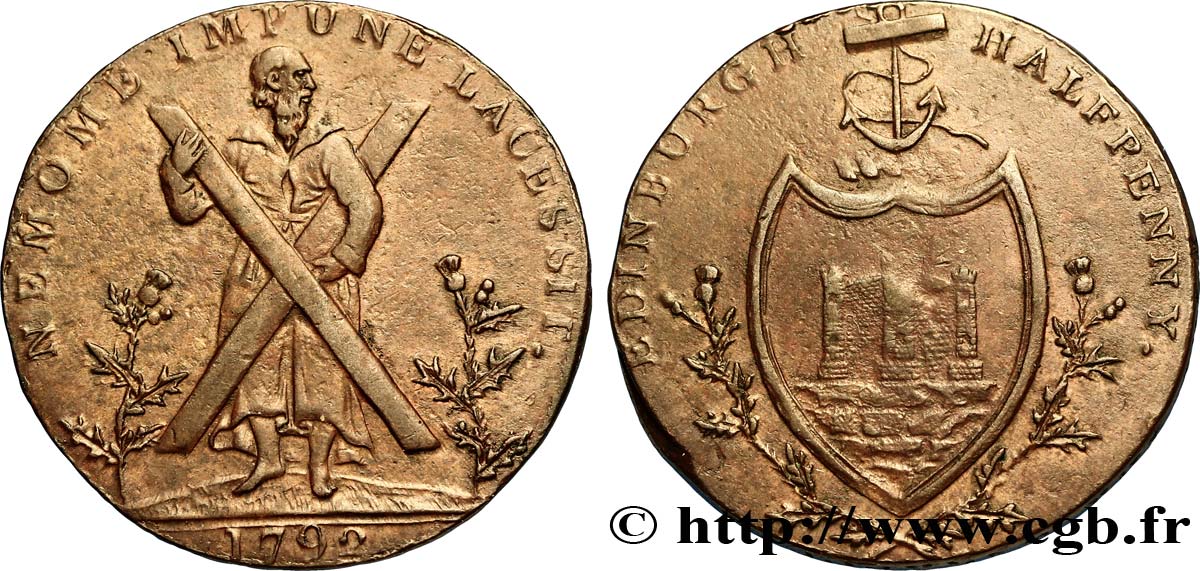 BRITISH TOKENS 1/2 Penny Edimbourg (Lothian, Écosse) Thomas and Alexander Hutchinson, St André / armes de la ville (contrefaçon ?) 1792  VF 