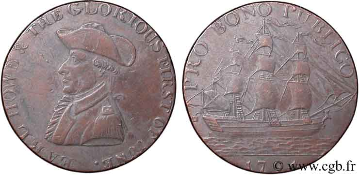 BRITISH TOKENS OR JETTONS 1/2 Penny Emsworth (Hampshire) comte Howe / voilier 1794  XF 