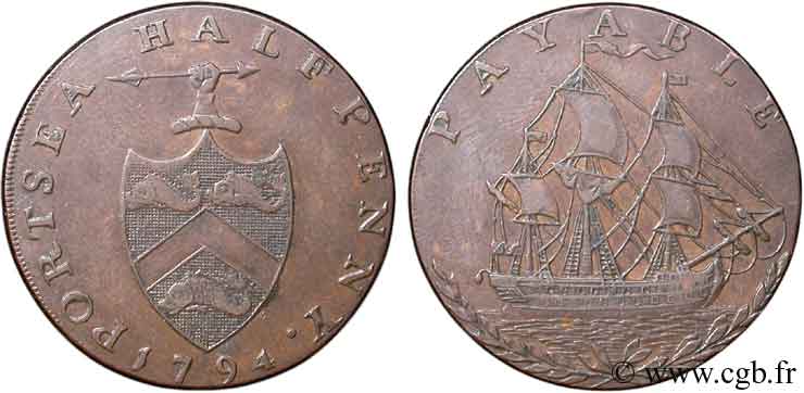 BRITISH TOKENS OR JETTONS 1/2 Penny Portsea (Hampshire)  armes avec javelot / voilier 1794  AU 