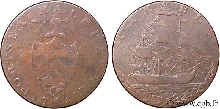 BRITISH TOKENS OR JETTONS 1/2 Penny Portsea (Hampshire)  armes avec javelot / voilier 1794  VF 