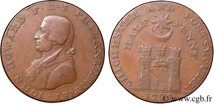 BRITISH TOKENS OR JETTONS 1/2 Penny Porthmouth (Hampshire) John Howard, “payable at Sharps Portsmouth and Chaldecotts Chichester” sur la tranche 1794  VF 