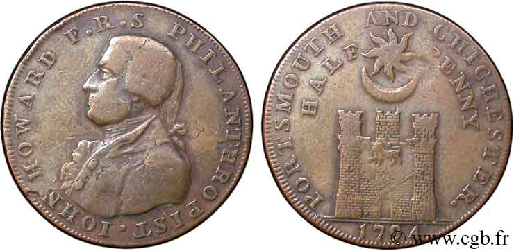 BRITISH TOKENS OR JETTONS 1/2 Penny Porthmouth (Hampshire) John Howard, “payable at Sharps Portsmouth and Chaldecotts Chichester” sur la tranche 1794  VF 
