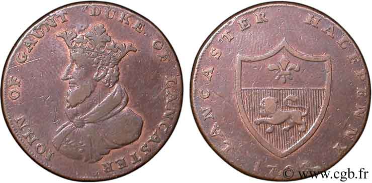 BRITISH TOKENS OR JETTONS 1/2 Penny Lancaster, Jean de Gand 1792  VF 