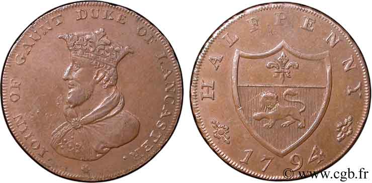 ROYAUME-UNI (TOKENS) 1/2 Penny Lancaster (Lancashire), John of Gaunt, Duc de Lancastre / armes de la ville 1794  TTB 