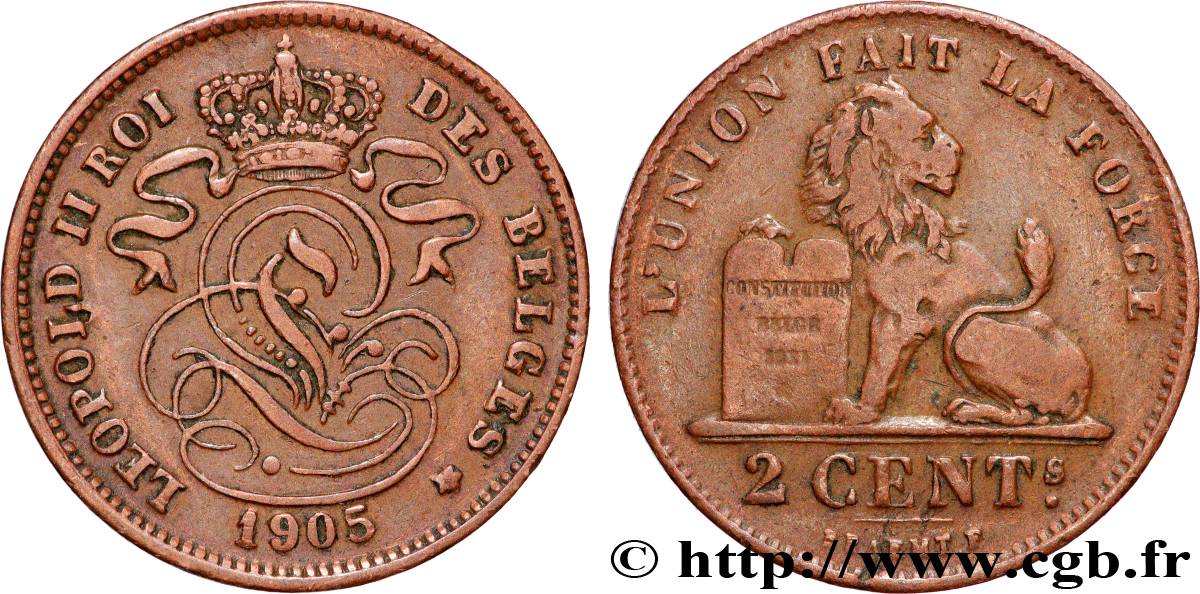 BELGIUM 2 Centimes Léopold II légende française 1905 Bruxelles XF 