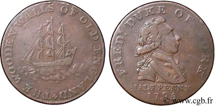 BRITISH TOKENS OR JETTONS 1/2 Penny Londres (Middlesex) Frederik Duc de York / voilier (payable à Lancaster, Londres ou Bristol) 1795  VF 
