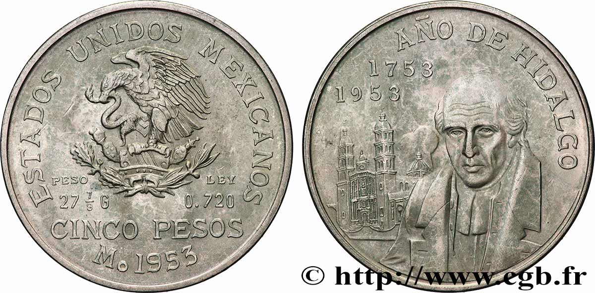 MEXICO 5 Pesos Bicentenaire de la naissance d’Hidalgo 1953 Mexico AU 
