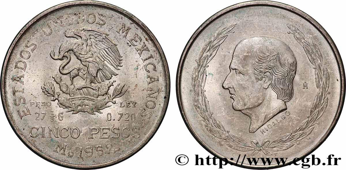 MEXIQUE 5 Pesos Miguel Hidaldo y Costilla 1952 Mexico SUP 