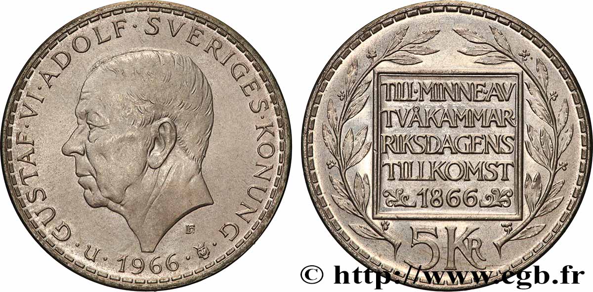 SWEDEN 5 Kronor Gustave VI - centenaire de la réforme constitutionnelle 1966  MS 