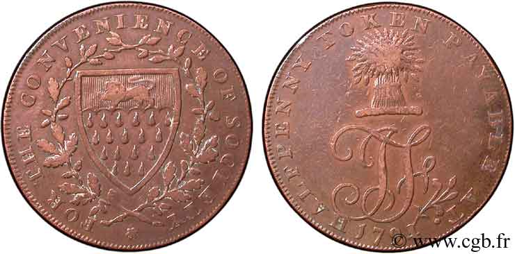GETTONI BRITANICI 1/2 Penny Northiam (Sussex) armes de la ville / initiale IF surmontée d’une gerbe de blé 1794  q.BB 
