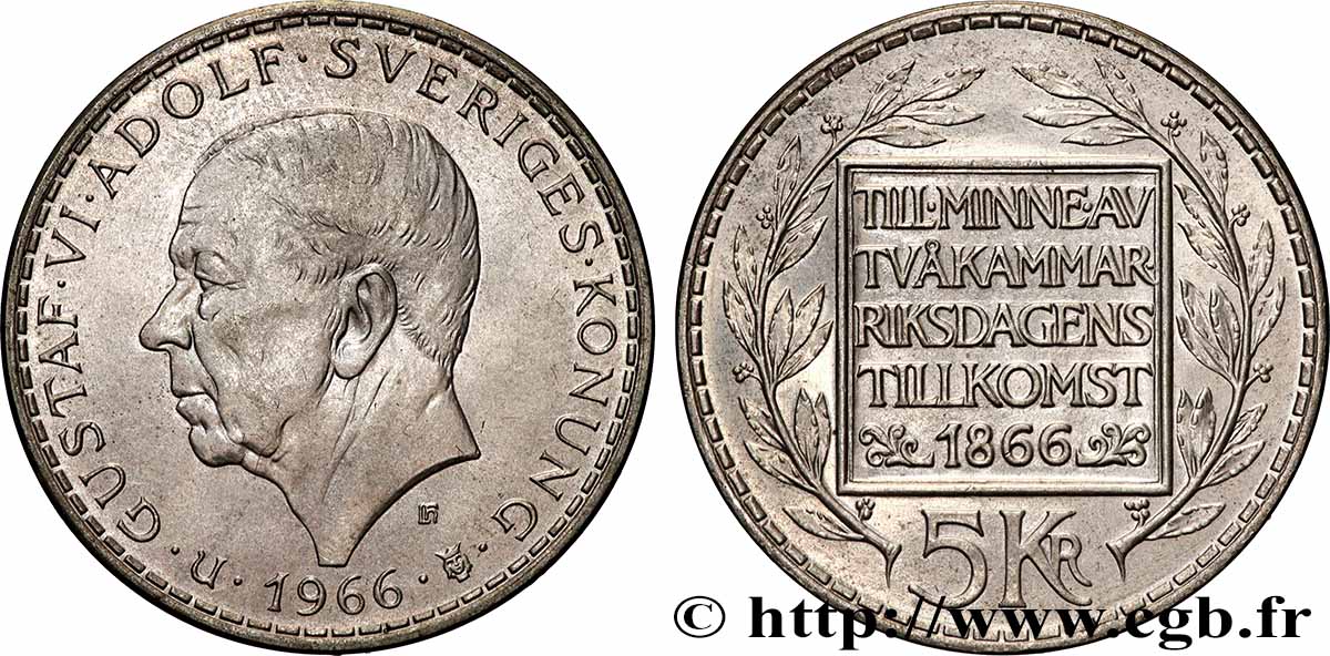 SWEDEN 5 Kronor Gustave VI - centenaire de la réforme constitutionnelle 1966  MS 