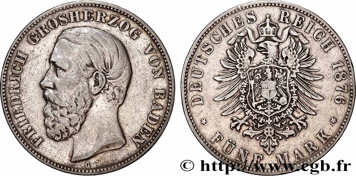 ALLEMAGNE - BADE 5 Mark Frédéric 1876 Karlsruhe TB+ 