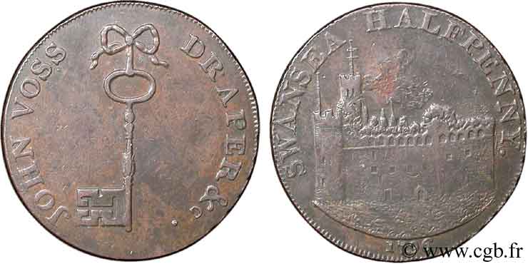 REINO UNIDO (TOKENS) 1/2 Penny Swansea (Glamorshire - Pays de Galles) château / clé, John Voss, drapier 1794  MBC+ 
