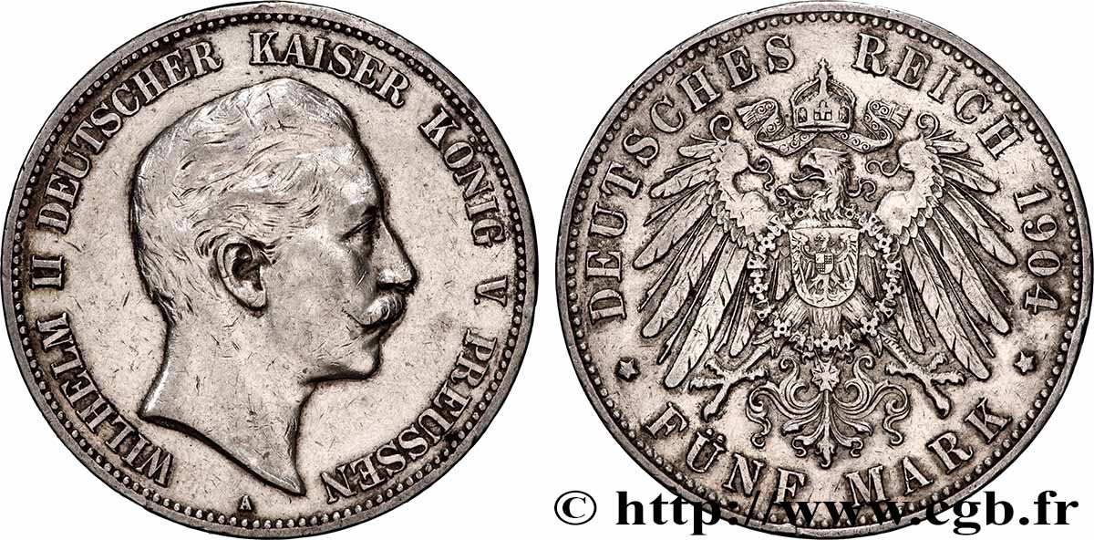 ALLEMAGNE - ROYAUME DE PRUSSE - GUILLAUME II 5 Mark  1904 Berlin TTB+ 