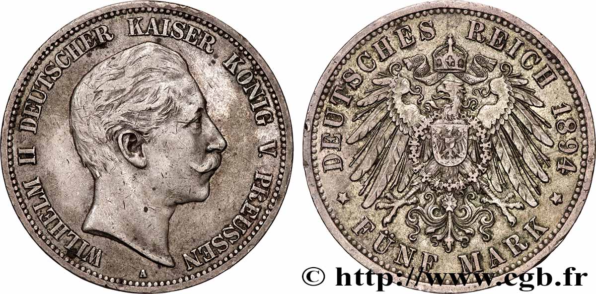 GERMANY - PRUSSIA 5 Mark Guillaume II 1894 Berlin XF 